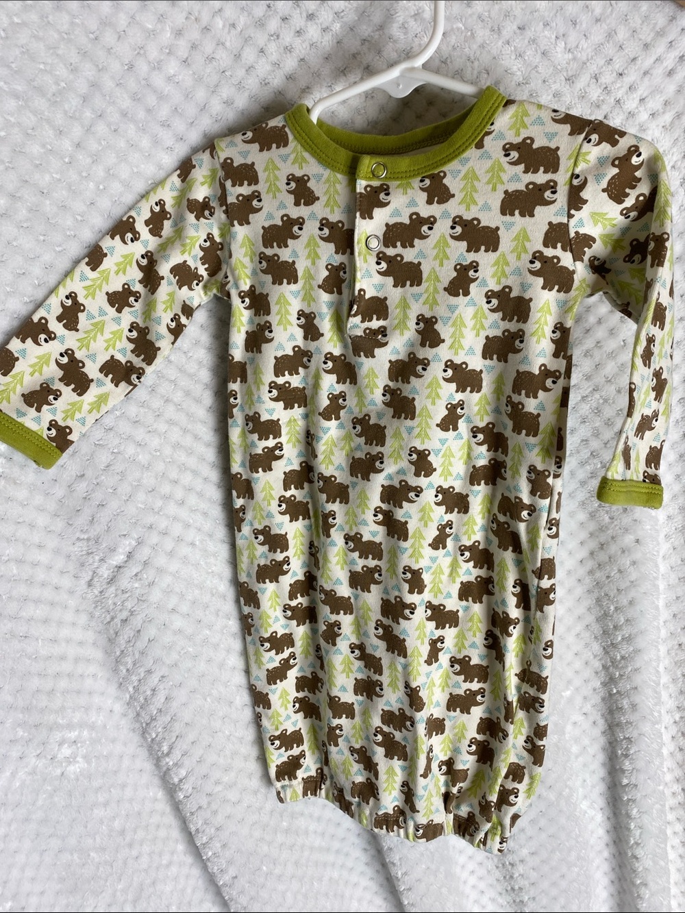Apple Park Brown Bear Forest Print Baby Gown with Green Trim